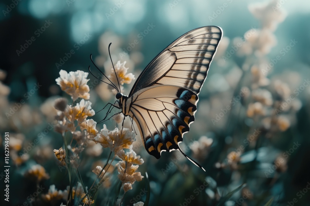 Fototapeta premium A single butterfly sits on the petals of a white flower, showcasing its delicate beauty and the subtle colors of nature