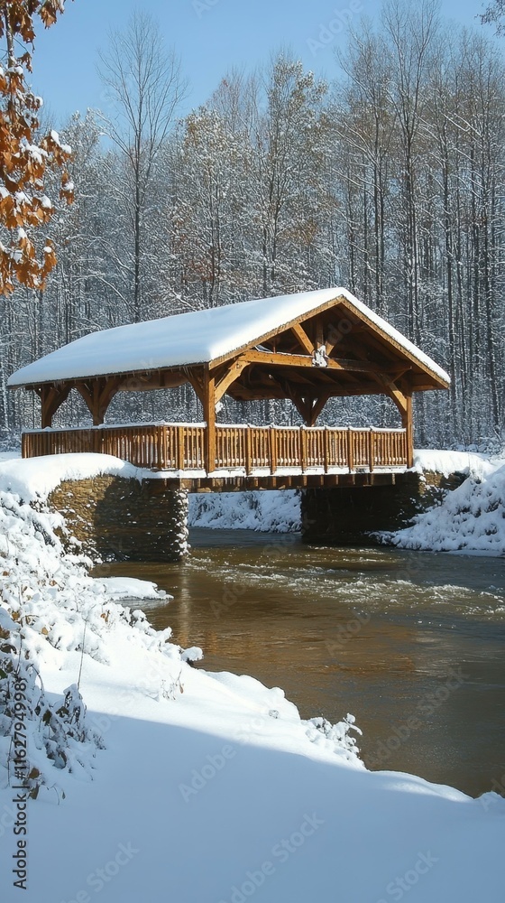 Fototapeta premium Frozen winter wonderland scenes snow-covered bridge spans river