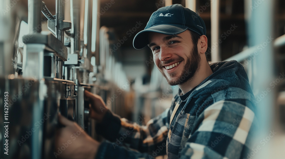 A dairy farmer operates a robotic milking machine while smiling in a modern barn environment. Generative AI A dairy farmer operates a robotic milking machine while smiling in a modern barn environment. Generative AI