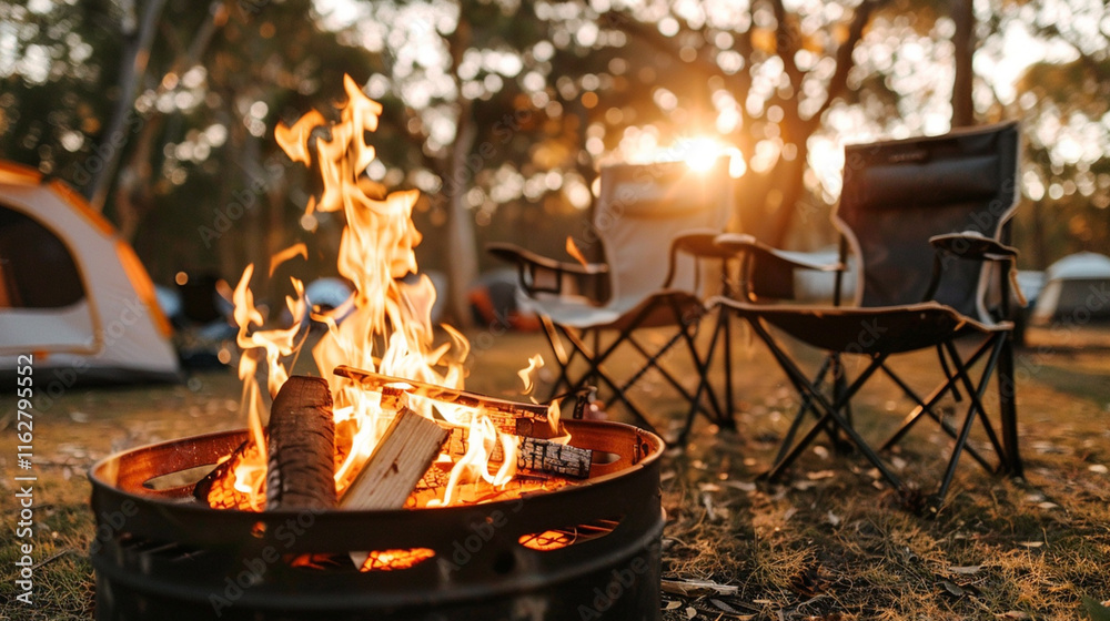 Beautiful bonfire with burning firewood near chairs and camping tent in forest. Campfire by a Beautiful bonfire with burning firewood near chairs and camping tent in forest. Campfire by a