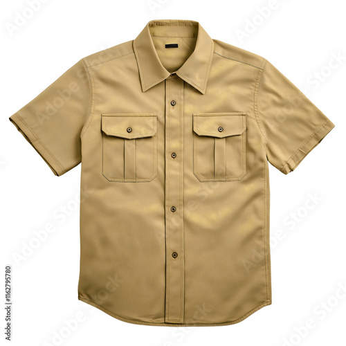 Brown casual shirt on trendy model, stylish cotton garment in khaki shade, modern apparel with beige texture, fashionable clothing piece for lifestyle isolated short sleeves