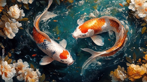 A detailed Japan-style background featuring golden carp swimming in symmetrical wave patterns along the edges and an open center 