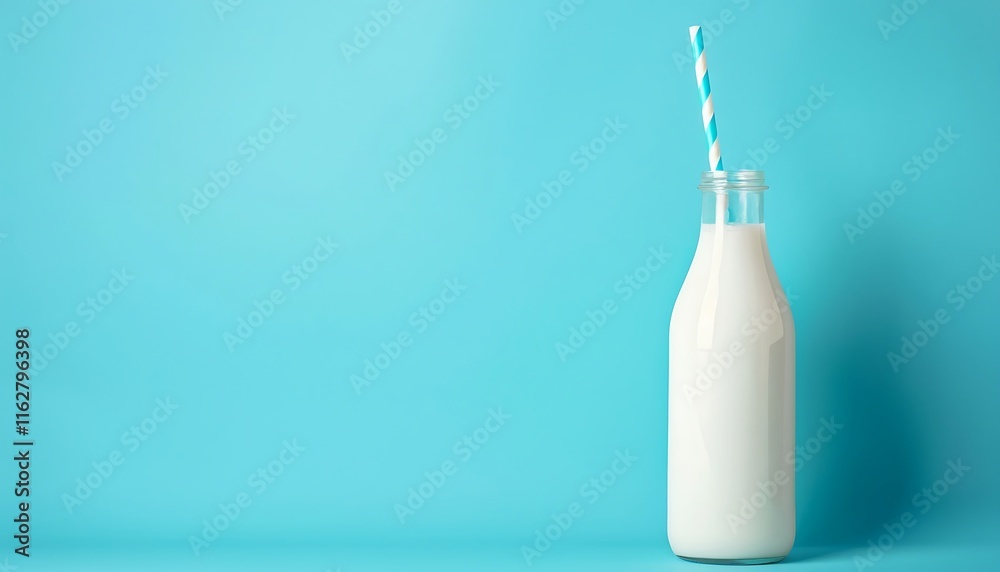 Bottle of milk with striped straw on blue background Bottle of milk with striped straw on blue background