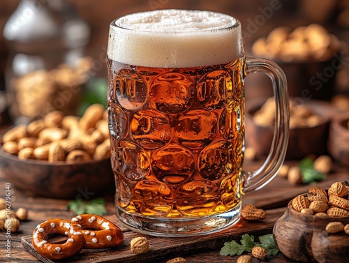 Refreshing Beer Mug with Snacks on Rustic Table photo