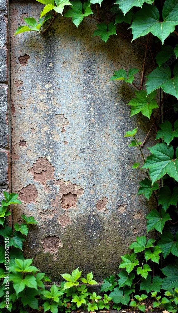 Rough-hewn concrete wall with vines and lichen, background, earthy, texture Rough-hewn concrete wall with vines and lichen, background, earthy, texture