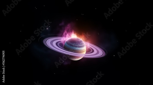 A mesmerizing depiction of a vibrant Saturn-like planet with colorful rings surrounded by ethereal purple and white cosmic mist, set against a stark black backdrop photo