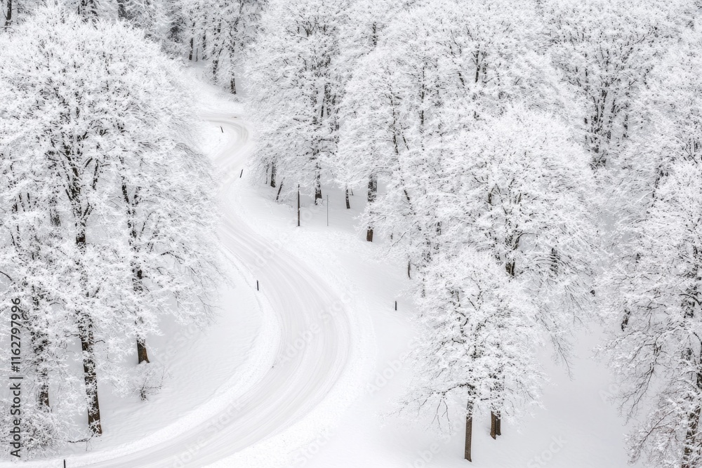 Fototapeta premium A serene winter landscape featuring a dense forest covered in snow, perfect for use in outdoor and nature-themed projects