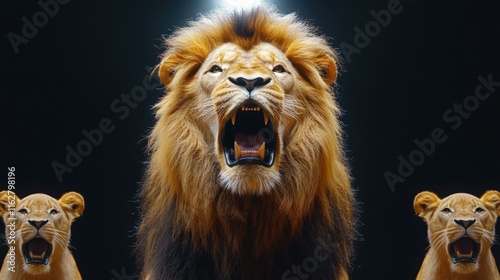 Playful circus animals Lion roaring in spotlight center photo