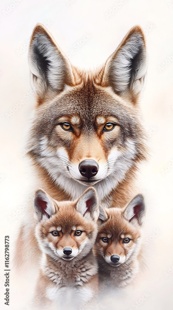Fototapeta premium Majestic Coyote Family Portrait: Close-Up Digital Painting in a Soft, Realistic Style. AI Generated