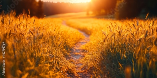 A serene sunset over a golden wheat field, creating a warm and inviting atmosphere that inspires relaxation and peace. photo