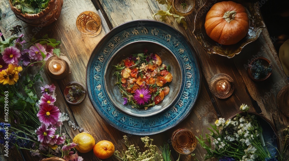 Rustic Autumnal Table Setting Featuring Earthy Tones And Floral Accents Rustic Autumnal Table Setting Featuring Earthy Tones And Floral Accents
