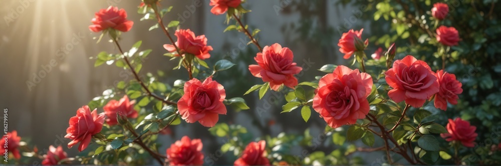 Soft morning light highlights the tender red petals of a blooming rose bush , garden landscape, morning dew Soft morning light highlights the tender red petals of a blooming rose bush , garden landscape, morning dew