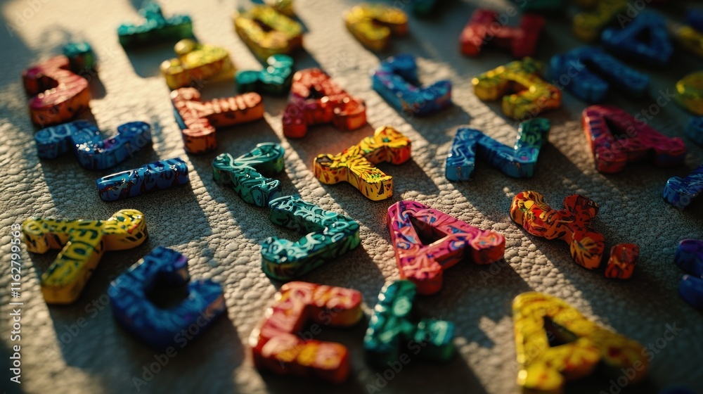 Fototapeta premium Colorful alphabet letters scattered on a light surface, illuminated by sunlight, casting shadows.
