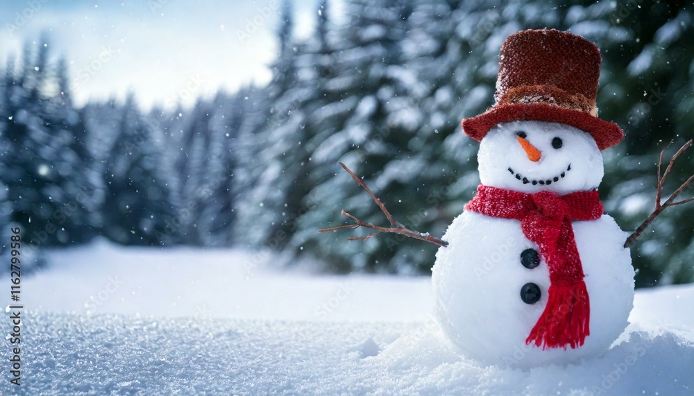 Obraz premium Snowman in a snowy background with sunlight