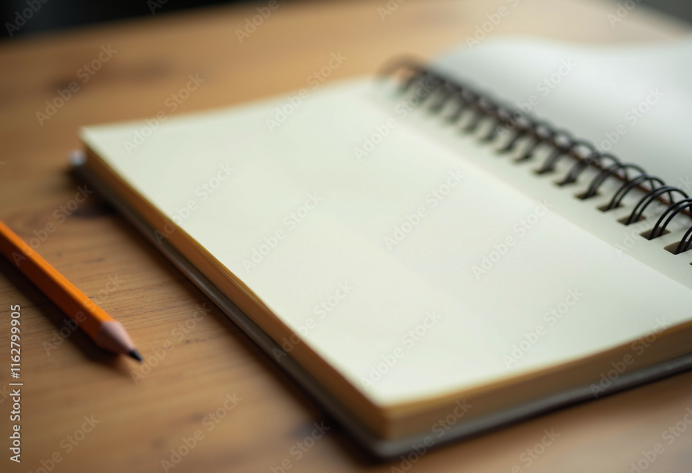 Blank spiral notebook lies open on a wooden table with a pencil nearby, ready for writing or drawing. Blank spiral notebook lies open on a wooden table with a pencil nearby, ready for writing or drawing.
