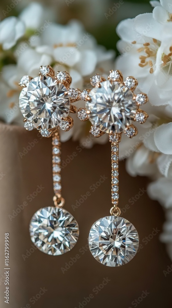 Fototapeta premium Luxury Earrings. Diamond gold earrings with floral white blossoms back