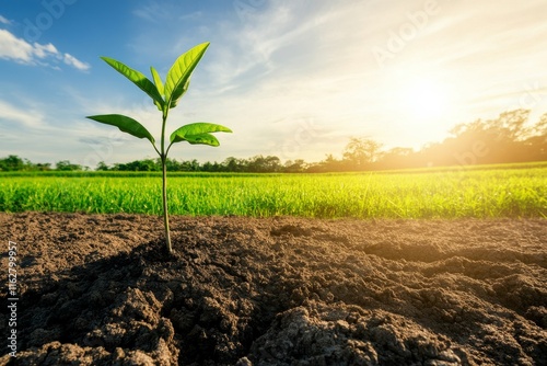 A small green plant sprouts from rich soil, illuminated by warm sunlight, symbolizing growth and new beginnings in nature. photo