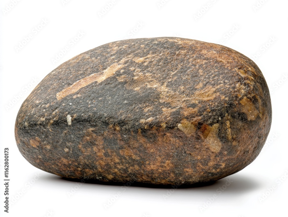 A smooth, rounded rock displayed against a clean white background, showcasing its natural textures and colors. A smooth, rounded rock displayed against a clean white background, showcasing its natural textures and colors.