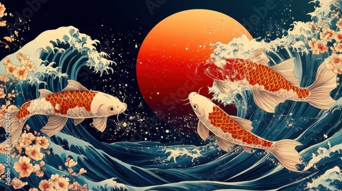 A traditional Japan-style background with a bold red sun, golden koi fish swimming through stylized waves, and an open central space for design 