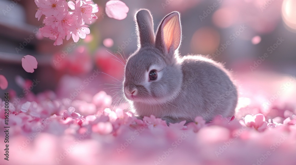 Fototapeta premium Adorable grey bunny amidst falling cherry blossoms.