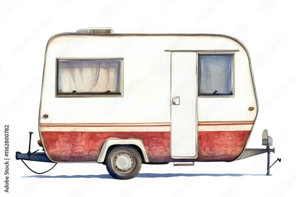 A photograph of a white and red travel trailer parked in a scenic environment