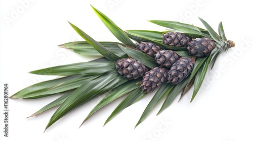 Pandanus fruits arranged on leaves against white background. photo