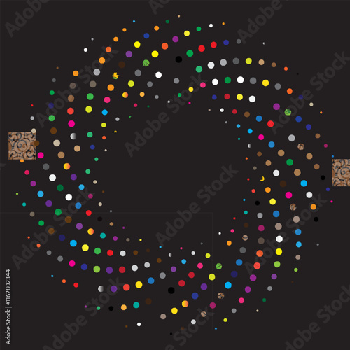 Colored confetti-points are scattered on a black background. Vector illustration