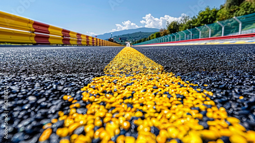 Asphalt of the international race track with a race car at the start, low photo