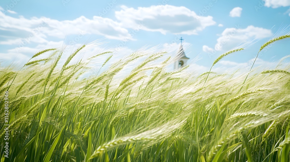 Windswept Wheat Field with Church Steeple in Background