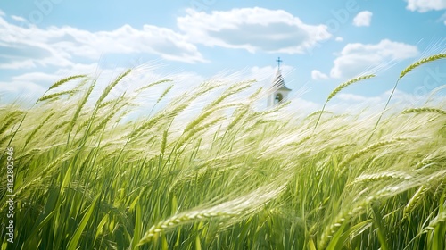 Obraz na płótnie Windswept Wheat Field with Church Steeple in Background w salonie