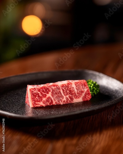 A sumptuous slice of Wagyu beef on a dark plate, garnished with parsley, perfect for gourmet culinary presentations.