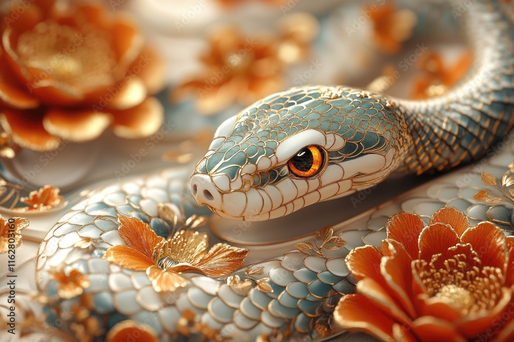 Fototapeta premium A close-up shot of a snake surrounded by colorful flowers, great for wildlife or nature-themed projects