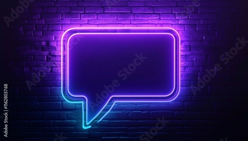 Neon Glowing Speech Bubble on Brick Wall: Purple and Blue AI Art