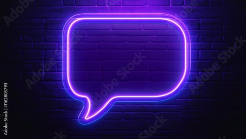 Neon Speech Bubble Sign on Brick Wall: Purple Glowing Blank Message Frame photo