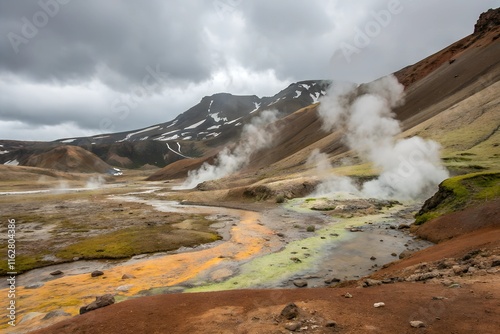 The Kerlingarfjöll geothermal area in Iceland features steaming fumaroles, hot springs, and vibrant, colorful mountains, creating a surreal, otherworldly landscape.