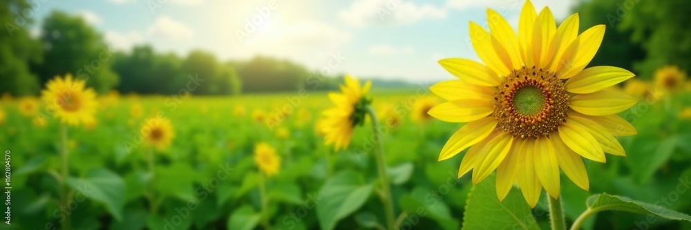 Obraz premium A single sunflower blooms brightly in a sea of green, landscape, agriculture