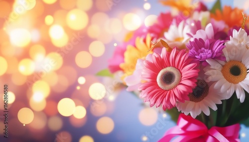 A vibrant bouquet of colorful flowers surrounded by soft bokeh lights, perfect for celebrations and special occasions.