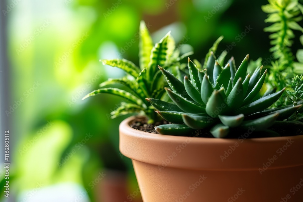 Fototapeta premium A vibrant collection of succulent plants in a terracotta pot, showcasing lush greenery and intricate shapes, perfect for nature lovers.