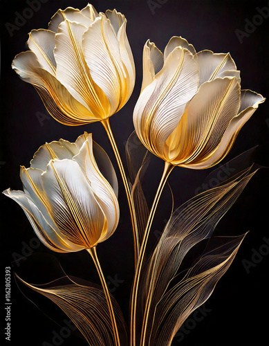 Tulipany na czarnym tle. Generative AI