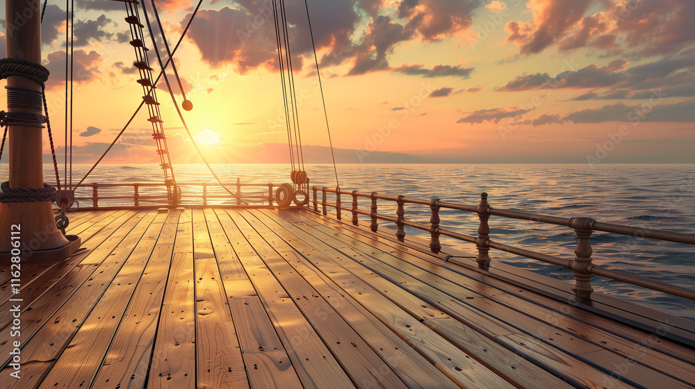 Serene Wooden Ship Deck at Sunset Photograph for Nautical Themes and Relaxation Concepts Serene Wooden Ship Deck at Sunset Photograph for Nautical Themes and Relaxation Concepts