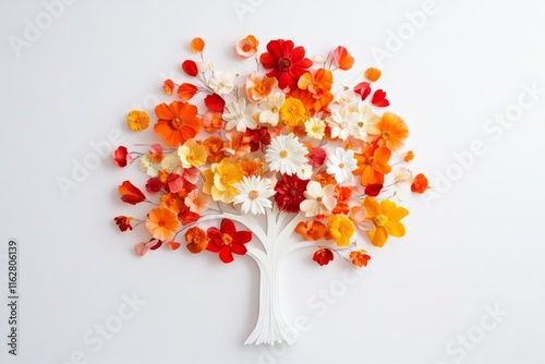 A vibrant floral tree design made from bright orange and white flowers, symbolizing nature's beauty and creativity.