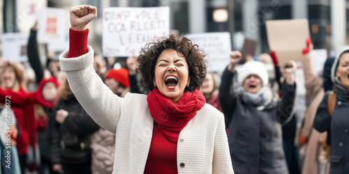 Confident caucasian woman leading a diverse protest, yelling , hand up photo