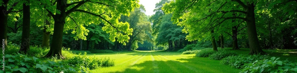 Fototapeta premium Dense foliage of green trees surrounding a clearing, summer foliage, nature, flora