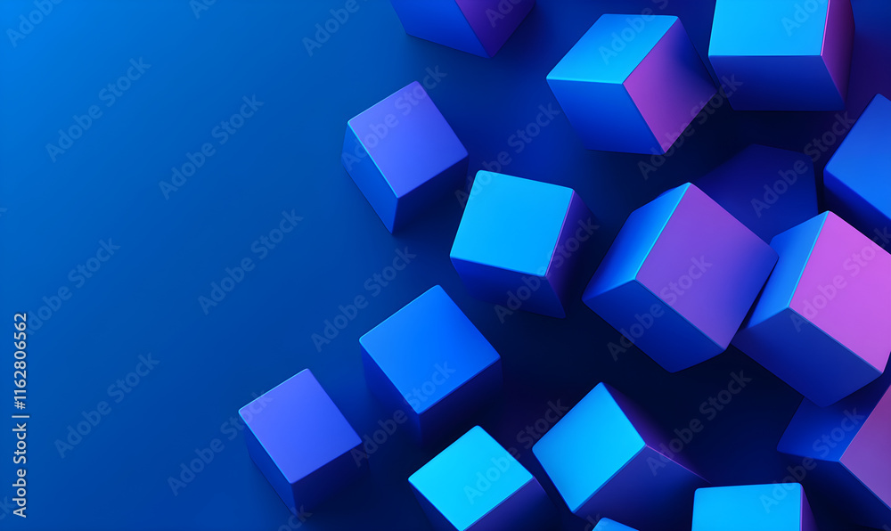 Obraz premium The image features a modern 3D abstract design with multiple blue and purple cubes floating against a gradient background.