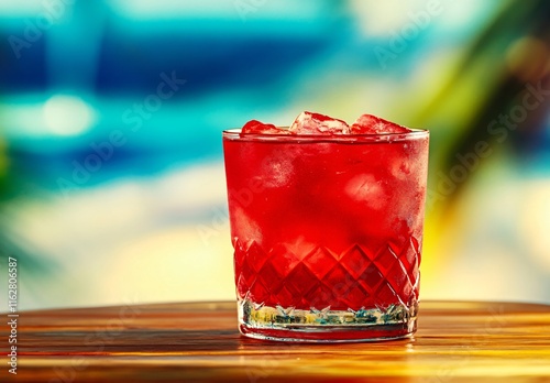 Refreshing Red Cocktail on Tropical Beach Summer Drink photo