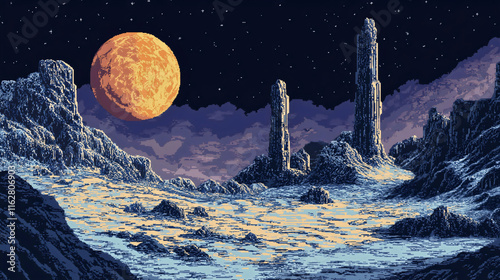 Fototapeta Naklejka Na Ścianę i Meble -  Pixel moon space galaxy, retro 8bit cosmos art, vintage universe star design, arcade planet night gaming