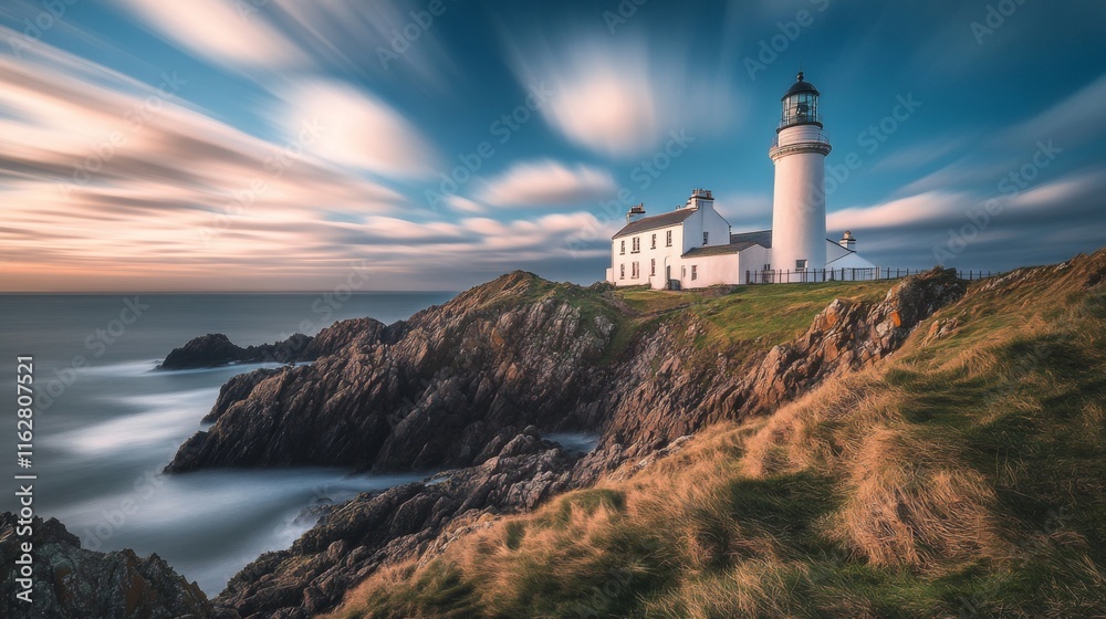Naklejka premium Serene Lighthouse with Long Exposure Seascape View