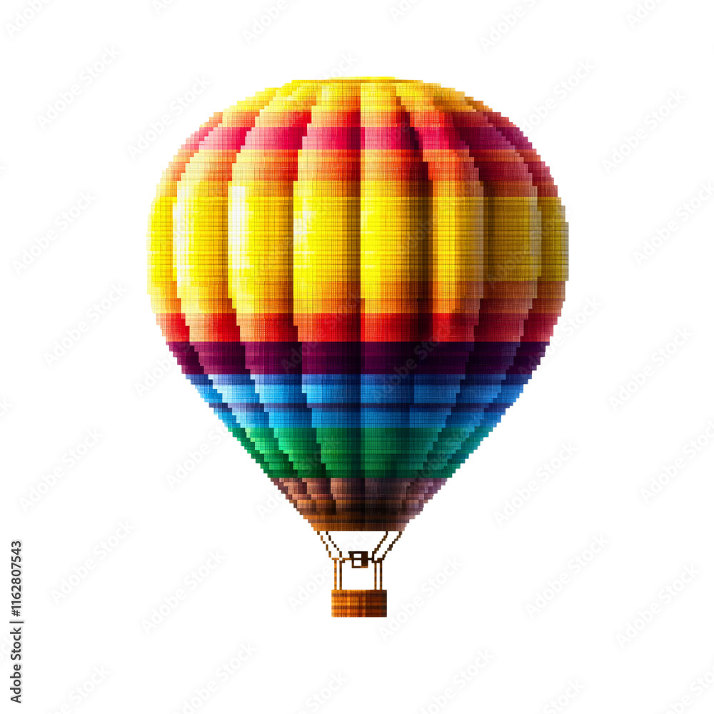Naklejka premium Pixel hot air balloon travel, retro 8bit flight adventure, vintage airship journey icon, pixel transport design symbol isolated
