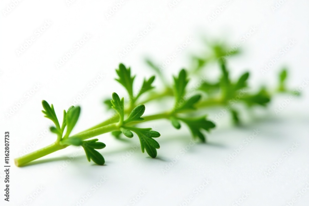 Freshly cut thyme stem against white background, nature, photography