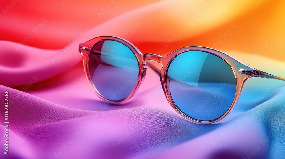 A vibrant background with bold rainbow sunglasses lying on a colorful fabric and a clear central space for content A vibrant background with bold rainbow sunglasses lying on a colorful fabric and a clear central space for content